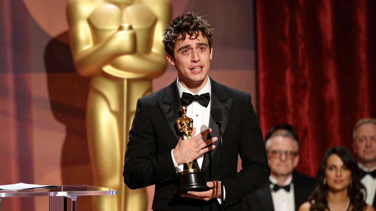 Homem emocionado em traje formal segura um prêmio Oscar no palco com público ao fundo.