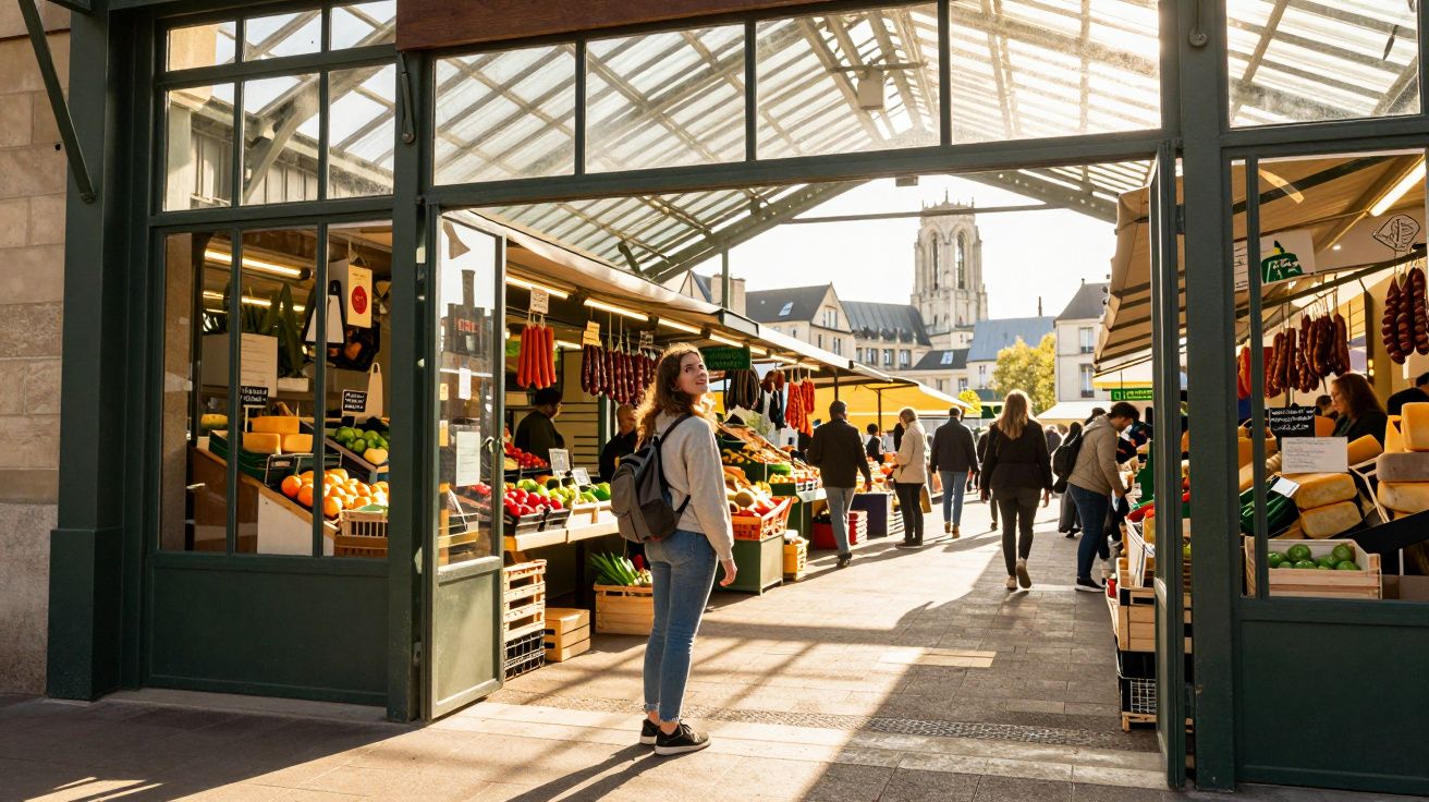 Mercado aberto com barracas de frutas, queijos e embutidos, pessoas fazendo compras sob luz natural.