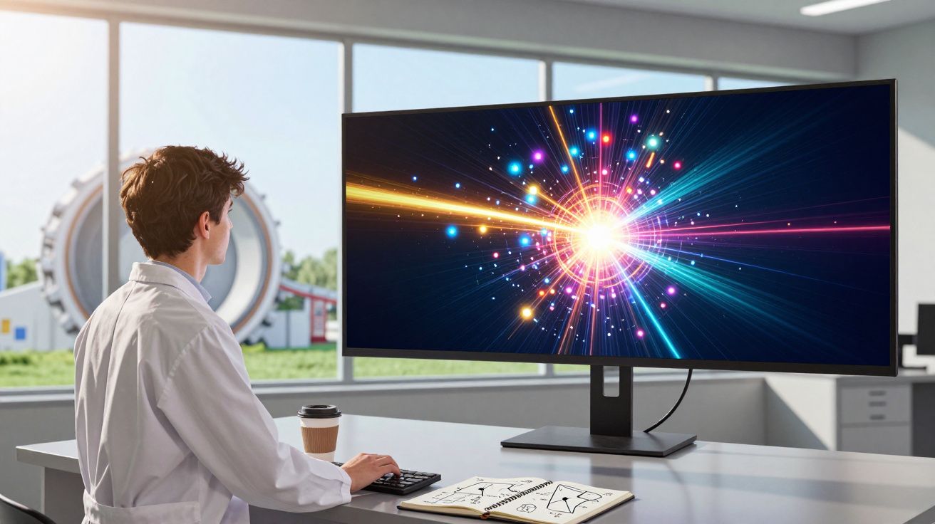 Pessoa de jaleco olhando para tela grande com gráfico colorido de linhas e pontos luminosos em laboratório.