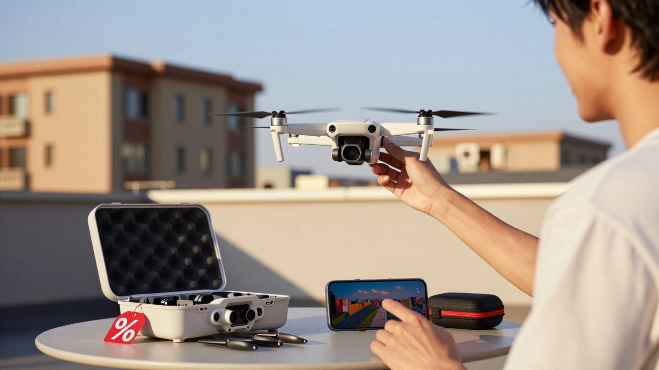 Pessoa segurando drone branco próximo a mesa com mala aberta, celular e acessórios em área externa urbana.