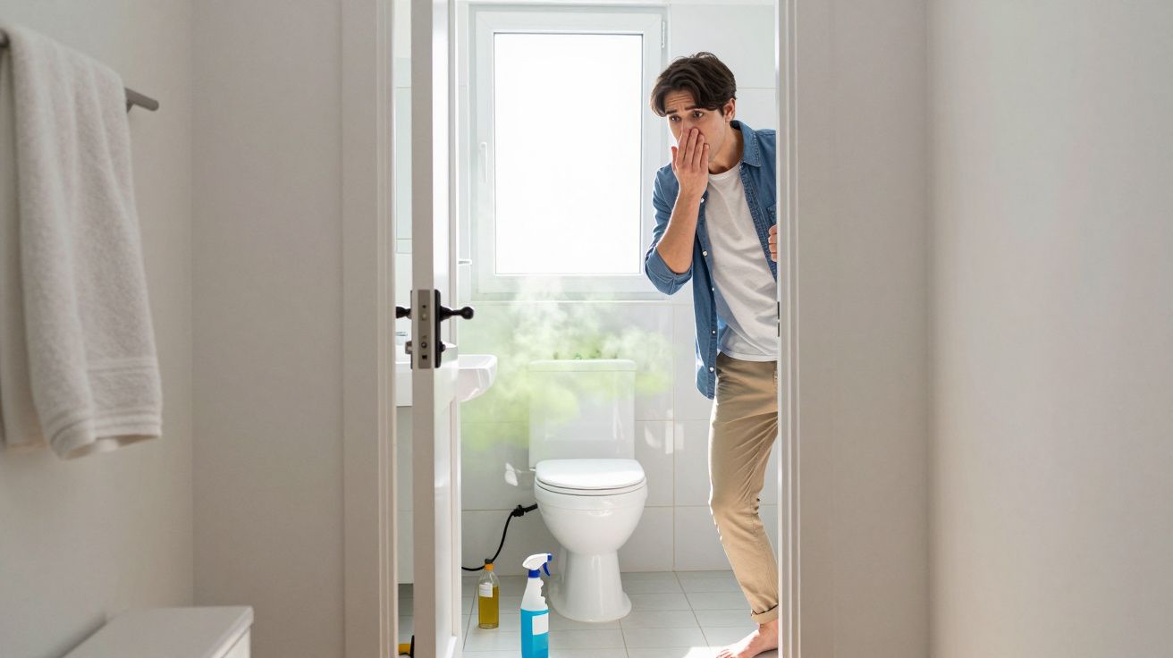 Homem cobrindo o nariz ao sentir cheiro ruim em banheiro com vaso sanitário e produtos de limpeza.