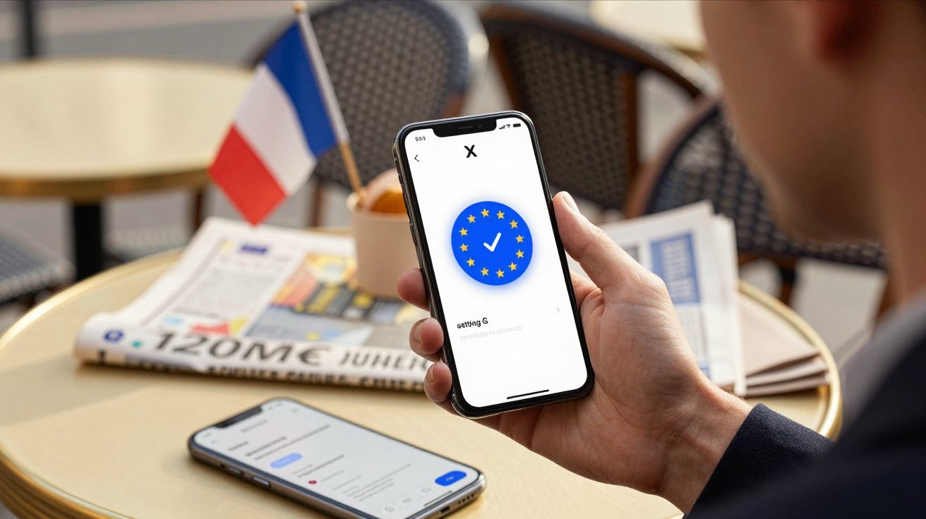 Pessoa segurando celular com símbolo da União Europeia em tela, mesa com jornal e outra bandeira ao fundo.