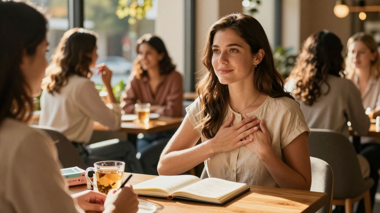 Mulher com expressão emocionada conversa com amiga em café, com livro aberto e chá na mesa.