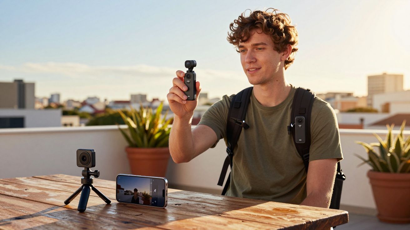 Jovem segurando câmera portátil com tripé e smartphone sobre mesa em área externa ensolarada.
