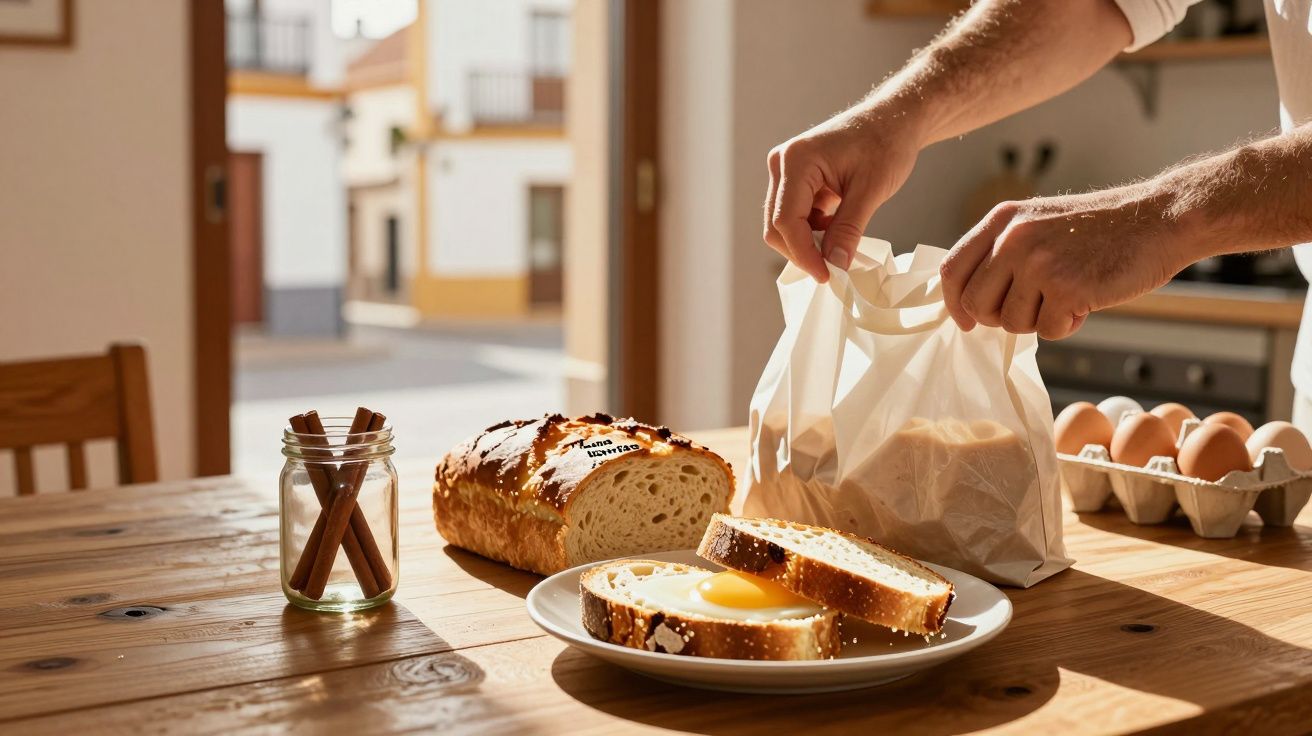 Pessoa embalando pão caseiro ao lado de prato com ovos e canela em pote, em cozinha iluminada pela manhã.