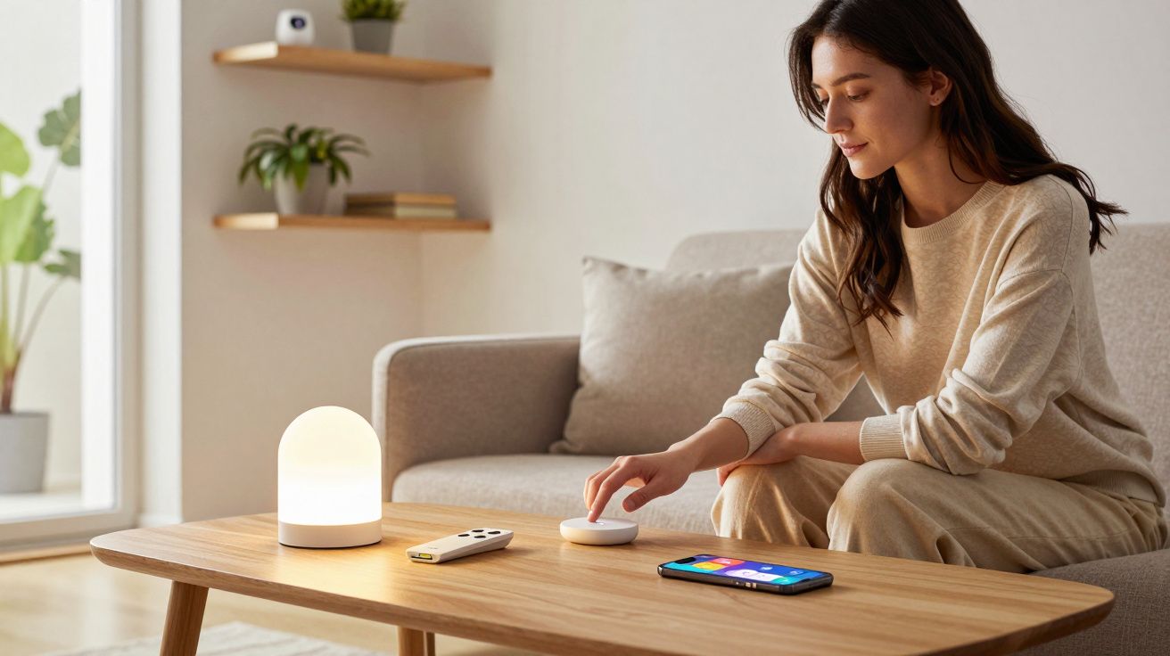 Mulher sentada no sofá controlando lâmpada inteligente com botão em mesa de centro clara.
