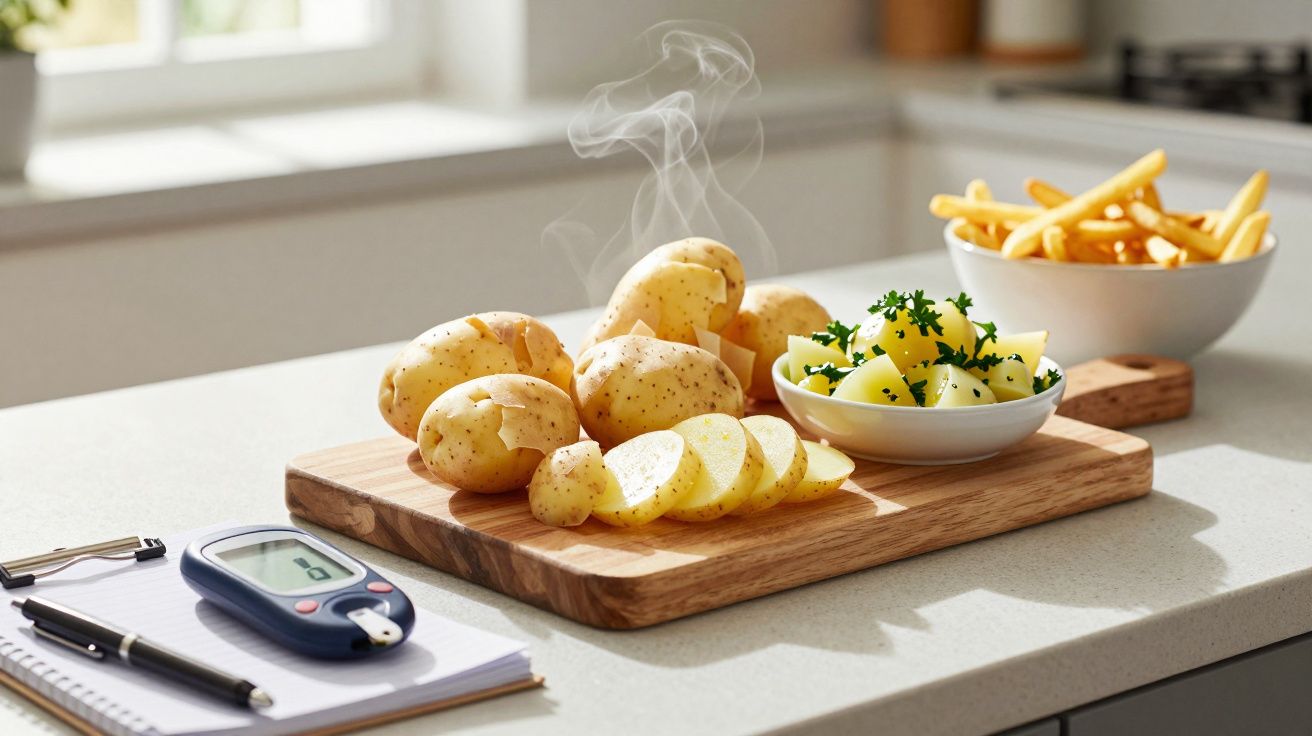 Batatas frescas, cozidas e fritas em bancada de cozinha com aparelho de medição de glicose ao lado.