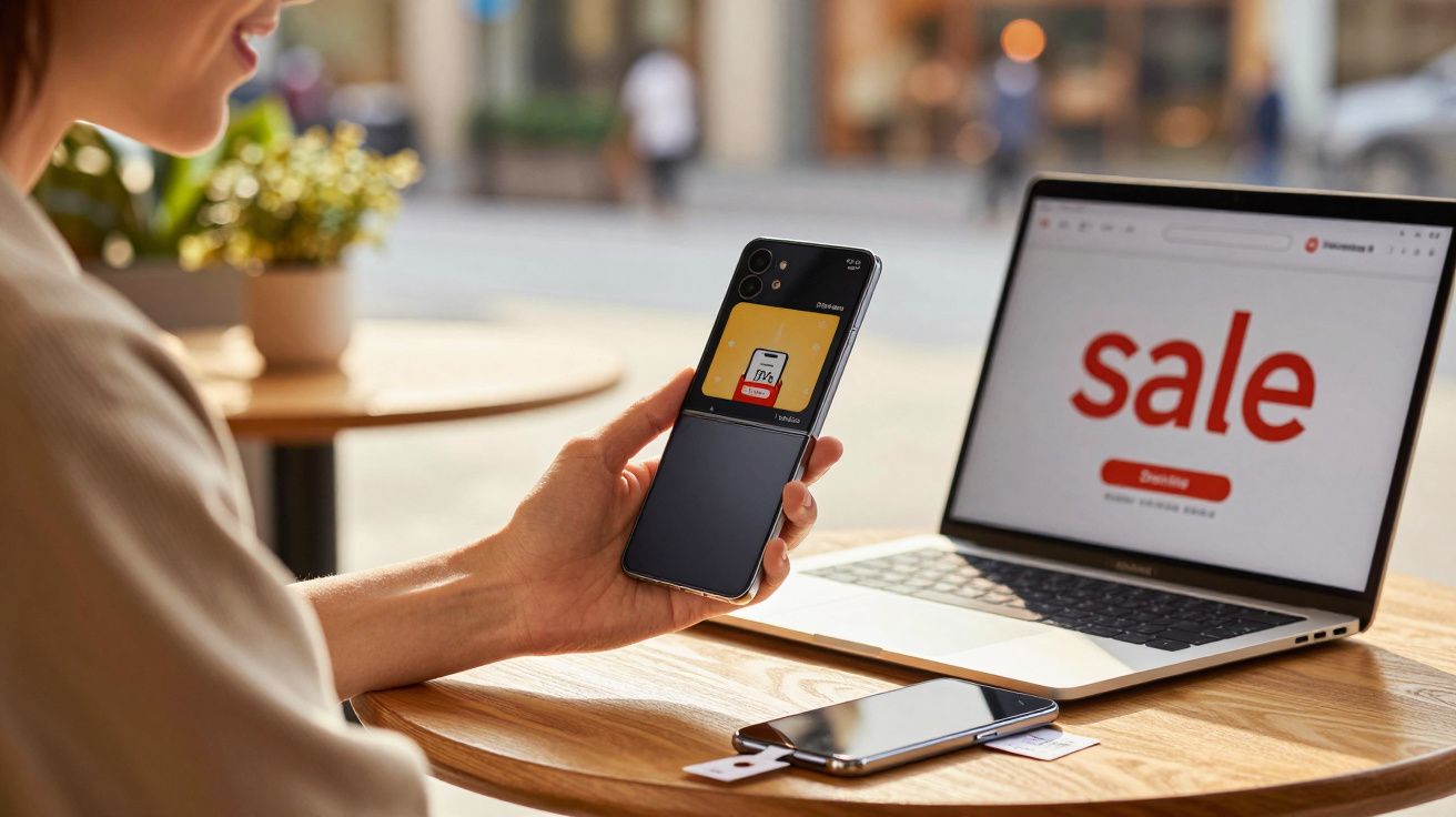 Pessoa segura smartphone com cartão eletrônico próximo de notebook exibindo promoção de venda em mesa de madeira.