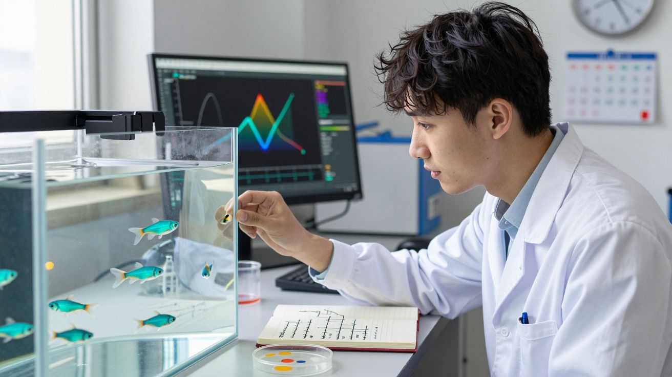 Homem em jaleco branco alimenta peixes em aquário durante pesquisa em laboratório com gráficos ao fundo.