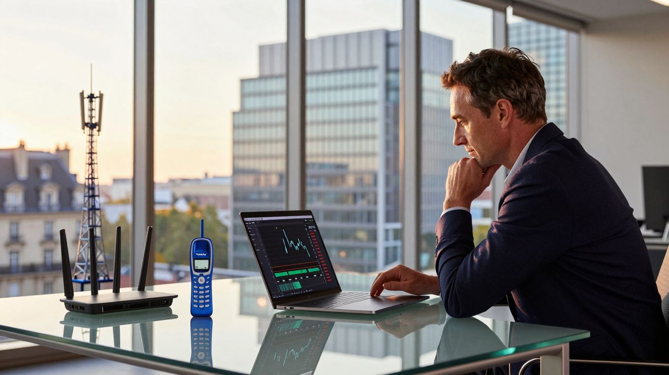 Homem de terno usando laptop em escritório moderno com roteador e telefone antigo na mesa de vidro.