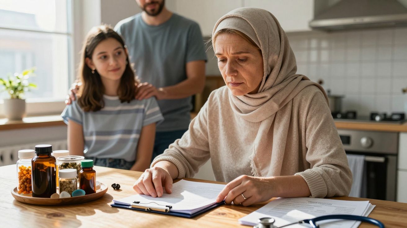 Mulher com lenço na cabeça lendo documentos médicos, casal jovem ao fundo demonstrando apoio.