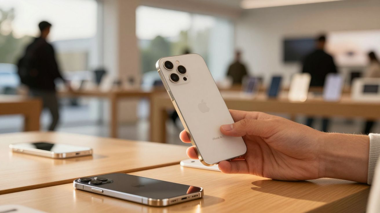 Pessoa segurando um iPhone prata em loja, com outros celulares sobre mesa de madeira e pessoas ao fundo.