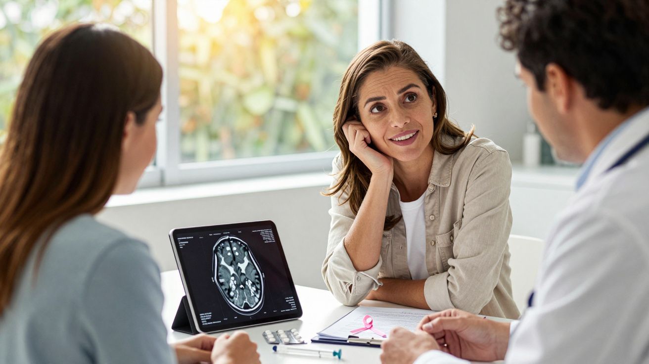 Mulher conversa com médico em consulta, com exame cerebral mostrado em tablet sobre mesa.