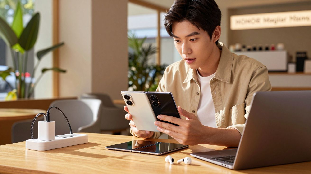 Jovem sentado à mesa analisando dois smartphones, com laptop, tablet e fones de ouvido sobre a mesa.