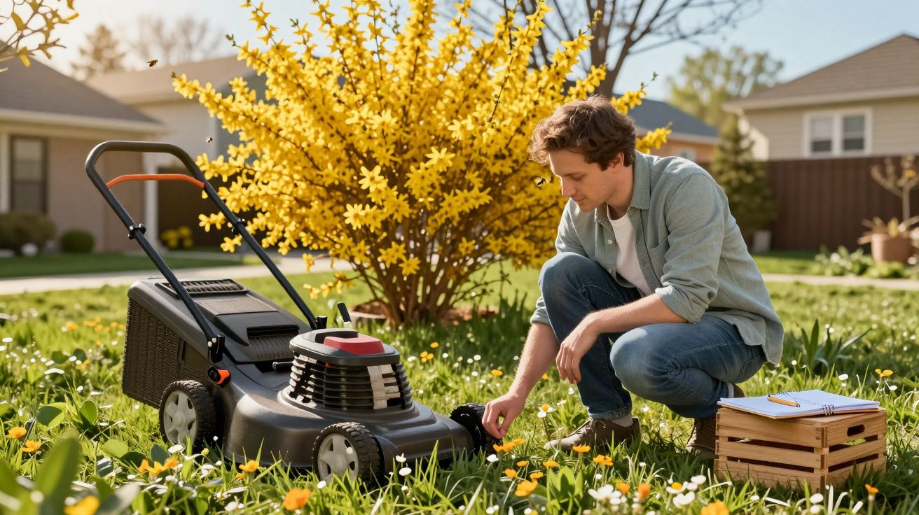 Homem agachado ajustando cortador de grama no jardim com flores amarelas e caixa de madeira ao lado.