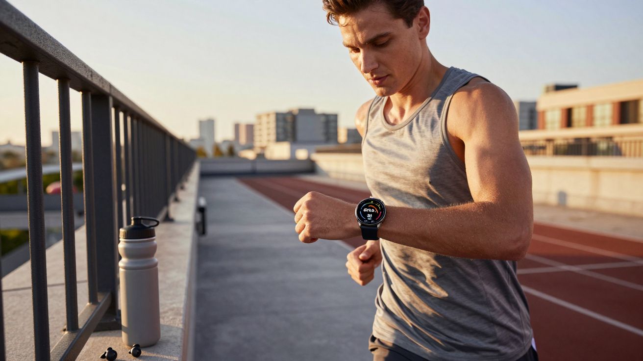 Homem correndo em pista ao ar livre verificando relógio inteligente no pulso.