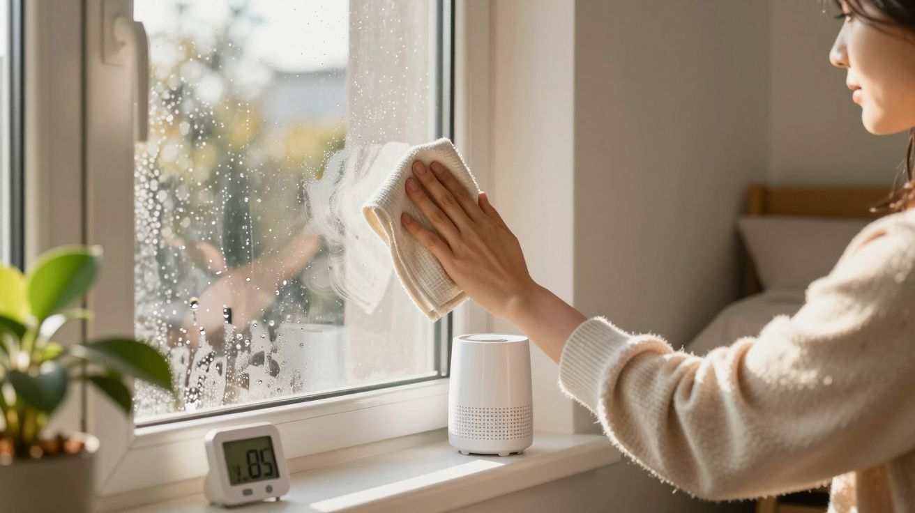 Pessoa limpando janela com pano úmido, ao lado de vaso com planta e termômetro digital na parede.