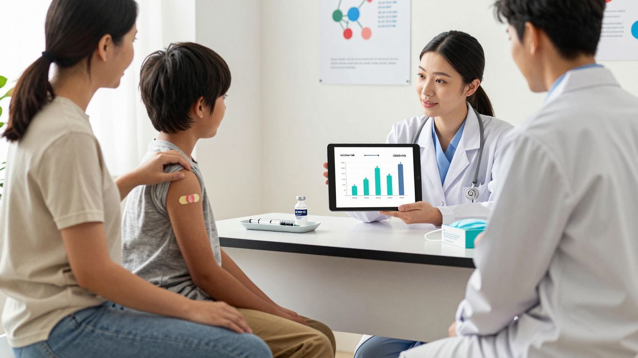 Médica mostrando gráfico em tablet para mãe e filho com curativos após vacinação em consultório.