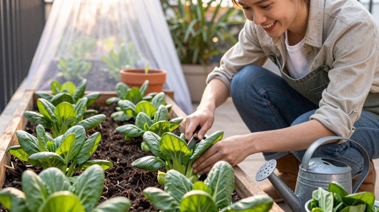 Mulher cuidando de plantas verdes em jardim elevado em varanda ensolarada com regador ao lado.