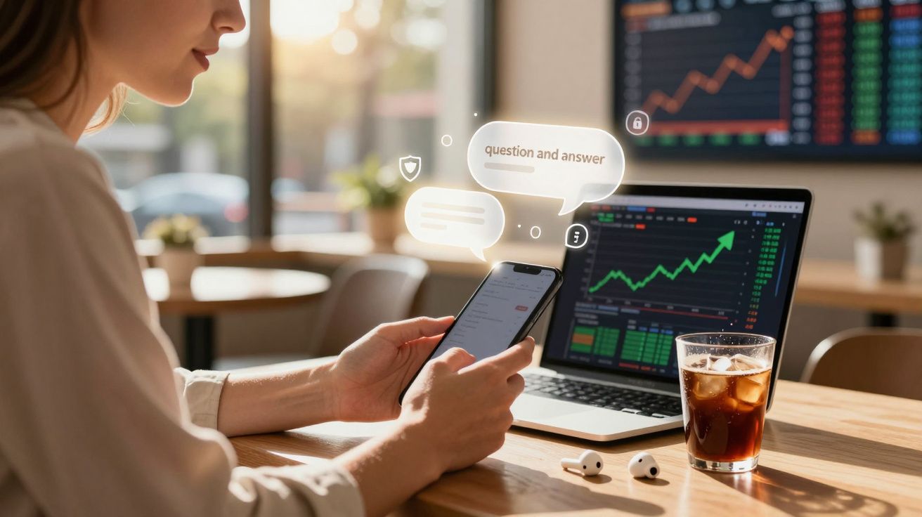 Pessoa usando smartphone e laptop com gráficos de ações em uma mesa com copo de bebida e fones de ouvido.