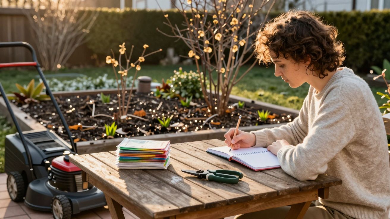 Pessoa escrevendo em caderno ao ar livre, com tesoura, livros e cortador de grama ao lado.