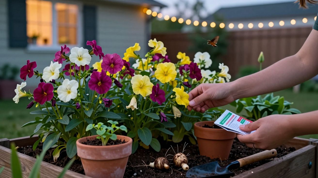 Pessoa cuidando de flores coloridas em canteiro elevado no jardim durante o entardecer.
