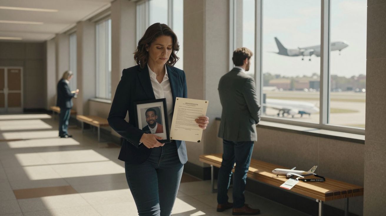 Mulher em terno segurando foto e documento em aeroporto, com pessoas observando jatos pela janela.