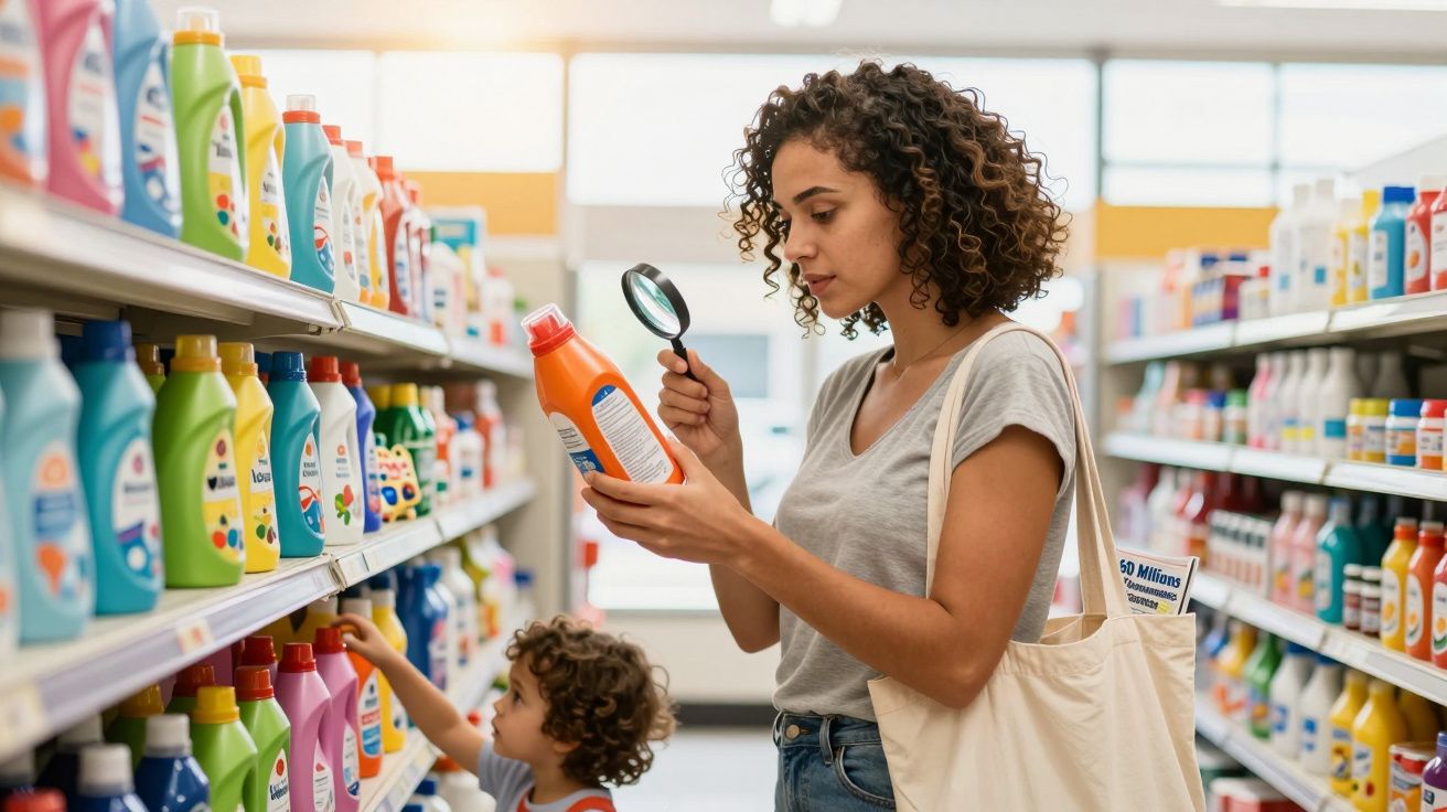 Mulher usando lupa para ler rótulo de detergente na prateleira, com criança ao lado em supermercado.