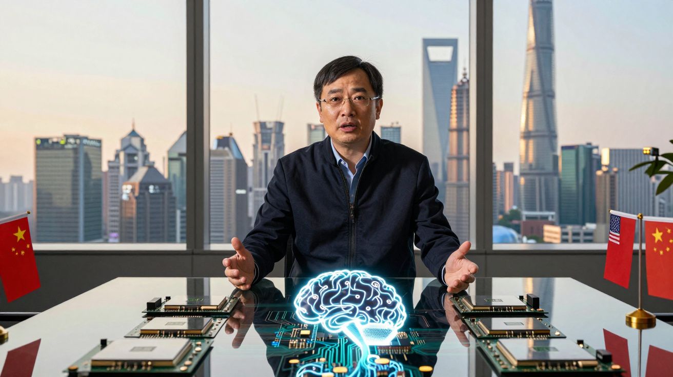 Homem asiático sentado à mesa com cérebro digital e placas de circuito, bandeiras da China e EUA ao fundo.