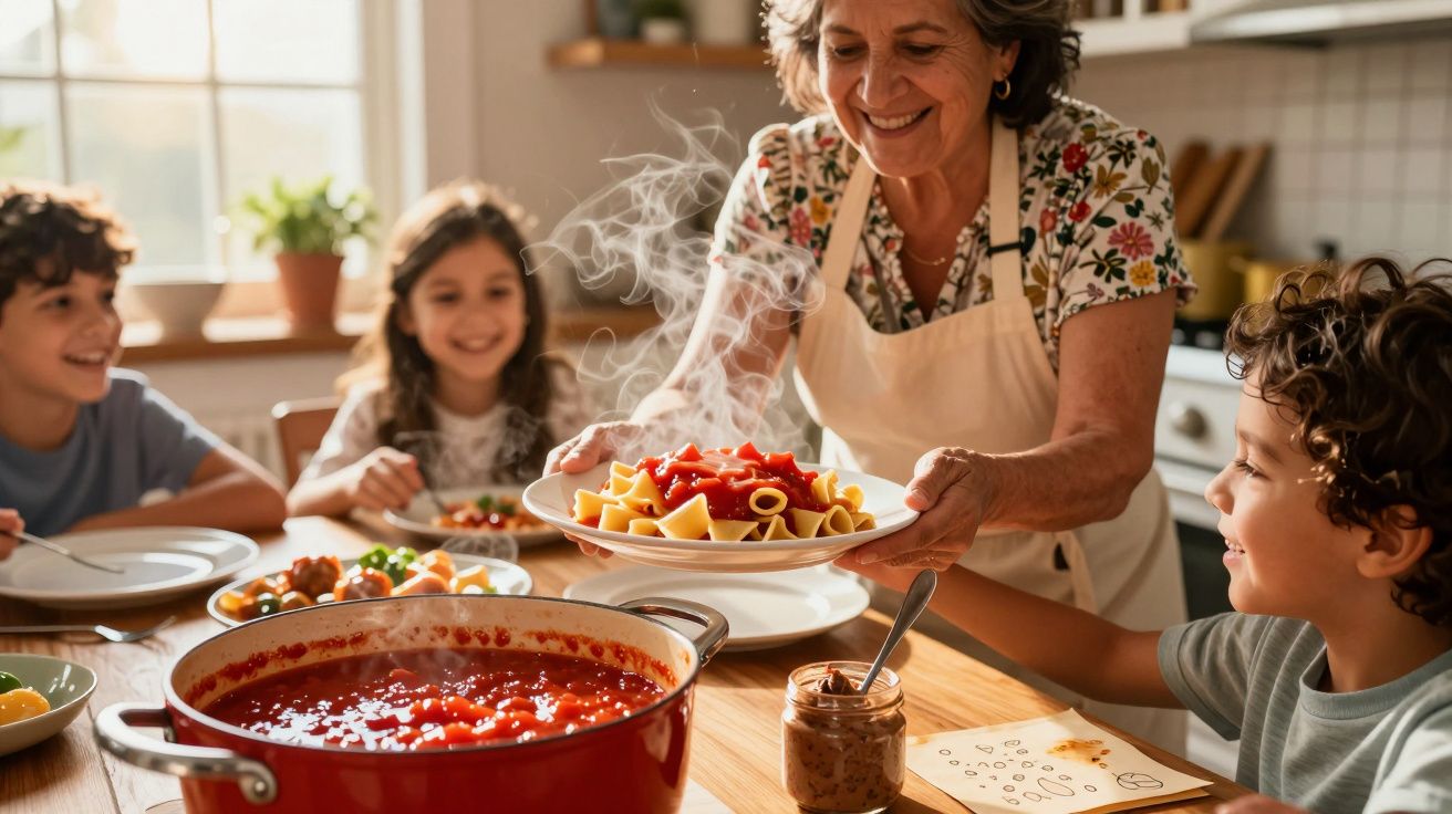 Mulher servindo prato de macarrão quente para crianças sorridentes em mesa de jantar caseira.