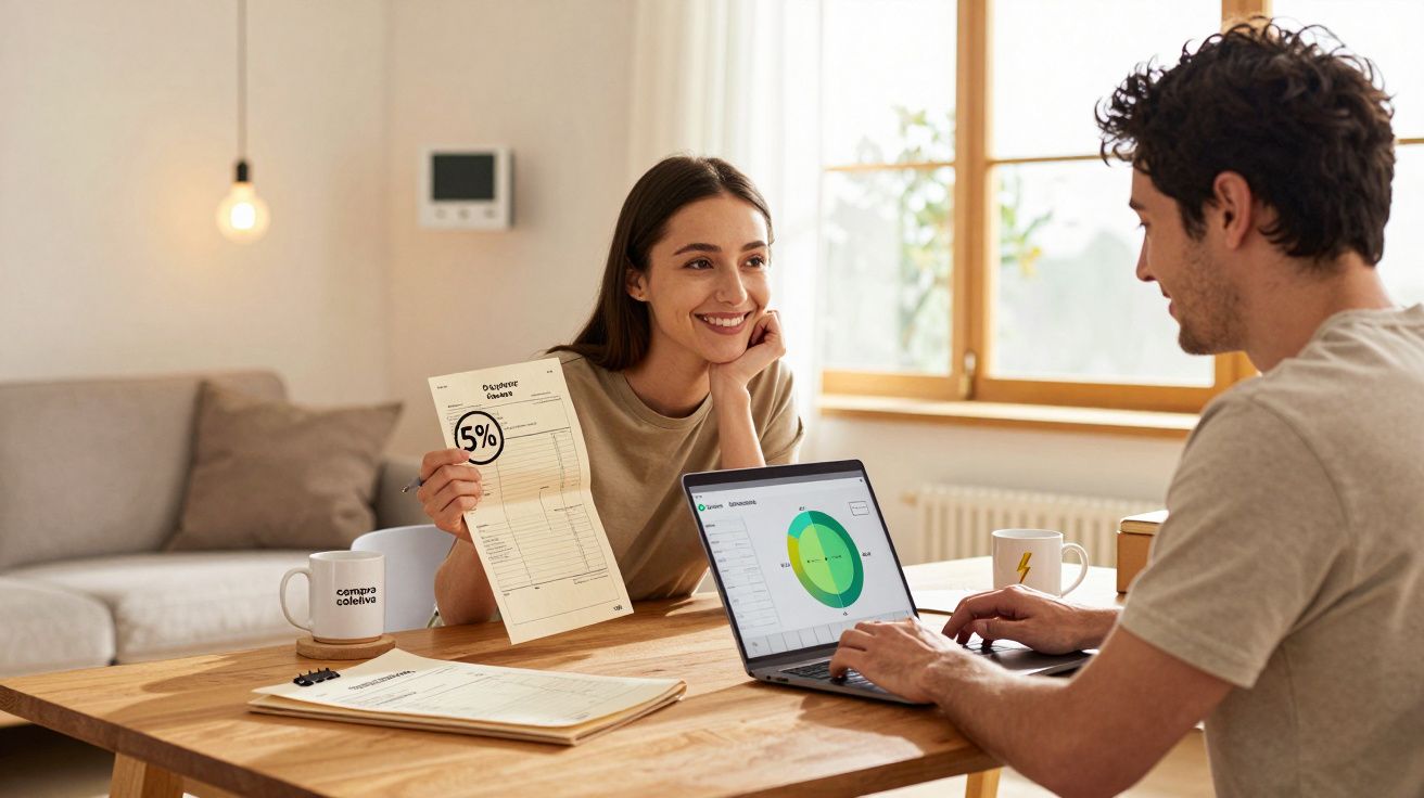 Casal sentado à mesa com fatura e laptop analisando gráficos financeiros em ambiente iluminado.