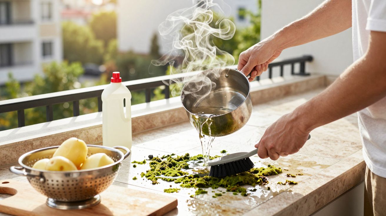 Pessoa despejando água quente para limpar ervas na bancada da cozinha externa.