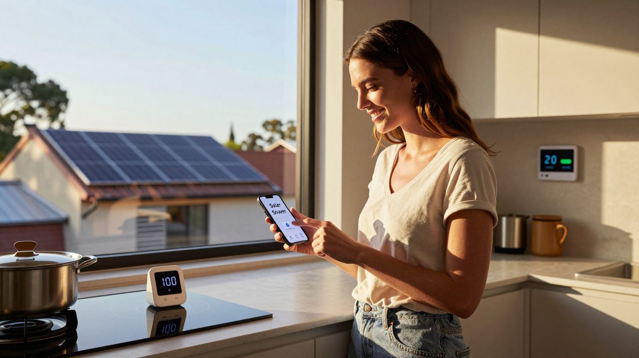 Mulher na cozinha controla consumo de energia solar pelo celular com painel solar visível pela janela.