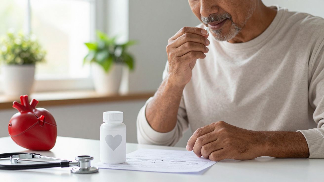 Homem tomando remédio, com modelo de coração, estetoscópio e receita médica sobre mesa branca.