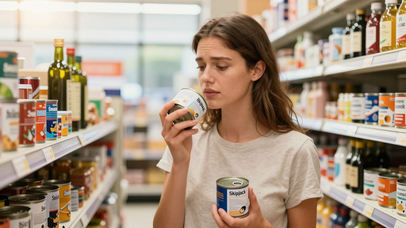 Jovem mulher examinando rótulo de lata em corredor de supermercado com prateleiras cheias de produtos.