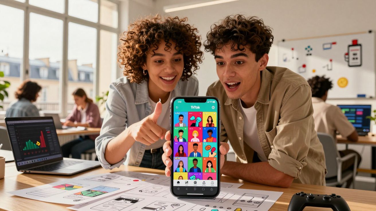 Jovens mostram animação ao exibirem tela colorida de app TikTok em ambiente de escritório moderno.