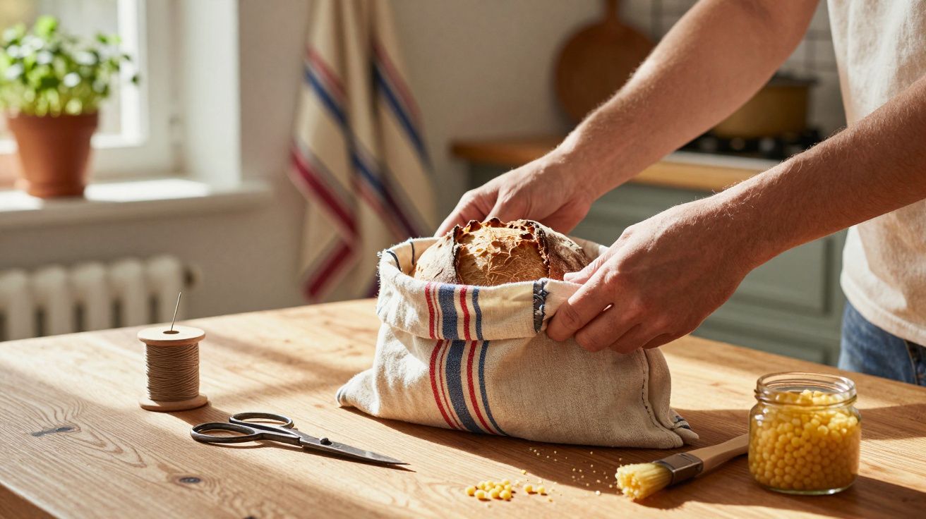 Pessoa guardando pão caseiro em saco de tecido sobre mesa de madeira na cozinha.