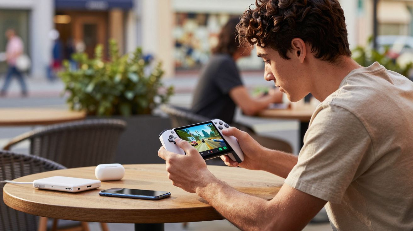 Jovem sentado em mesa de café ao ar livre, jogando videogame portátil com dispositivos eletrônicos ao lado.