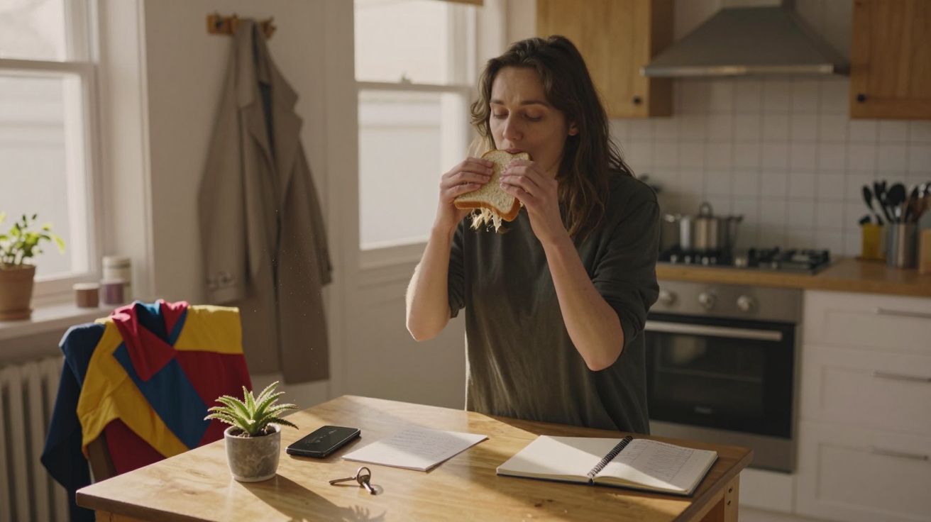 Mulher com camiseta verde escura comendo sanduíche sentada à mesa de madeira na cozinha iluminada.