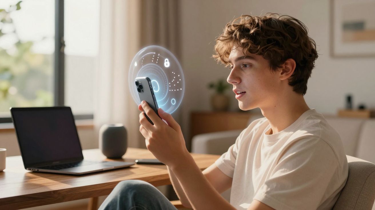 Jovem sentado em casa segurando smartphone com ícone digital de segurança e privacidade flutuando.