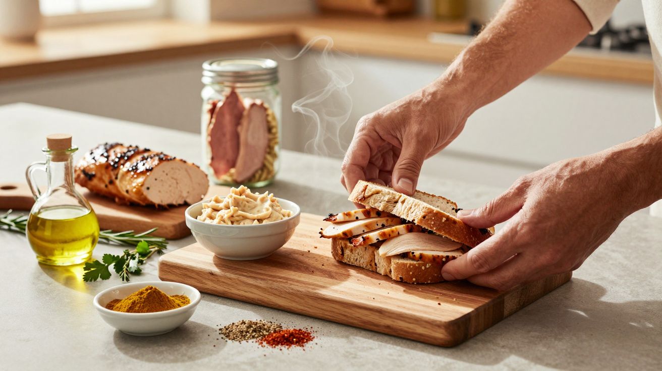 Mãos preparando sanduíche com fatias de peito de peru em pão integral em cozinha iluminada.