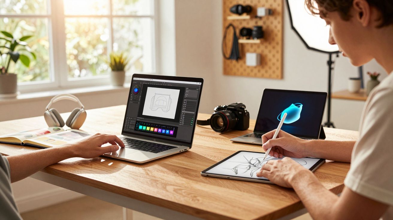 Pessoa trabalhando com tablet digital e laptop em ambiente iluminado de escritório com câmeras e fones.