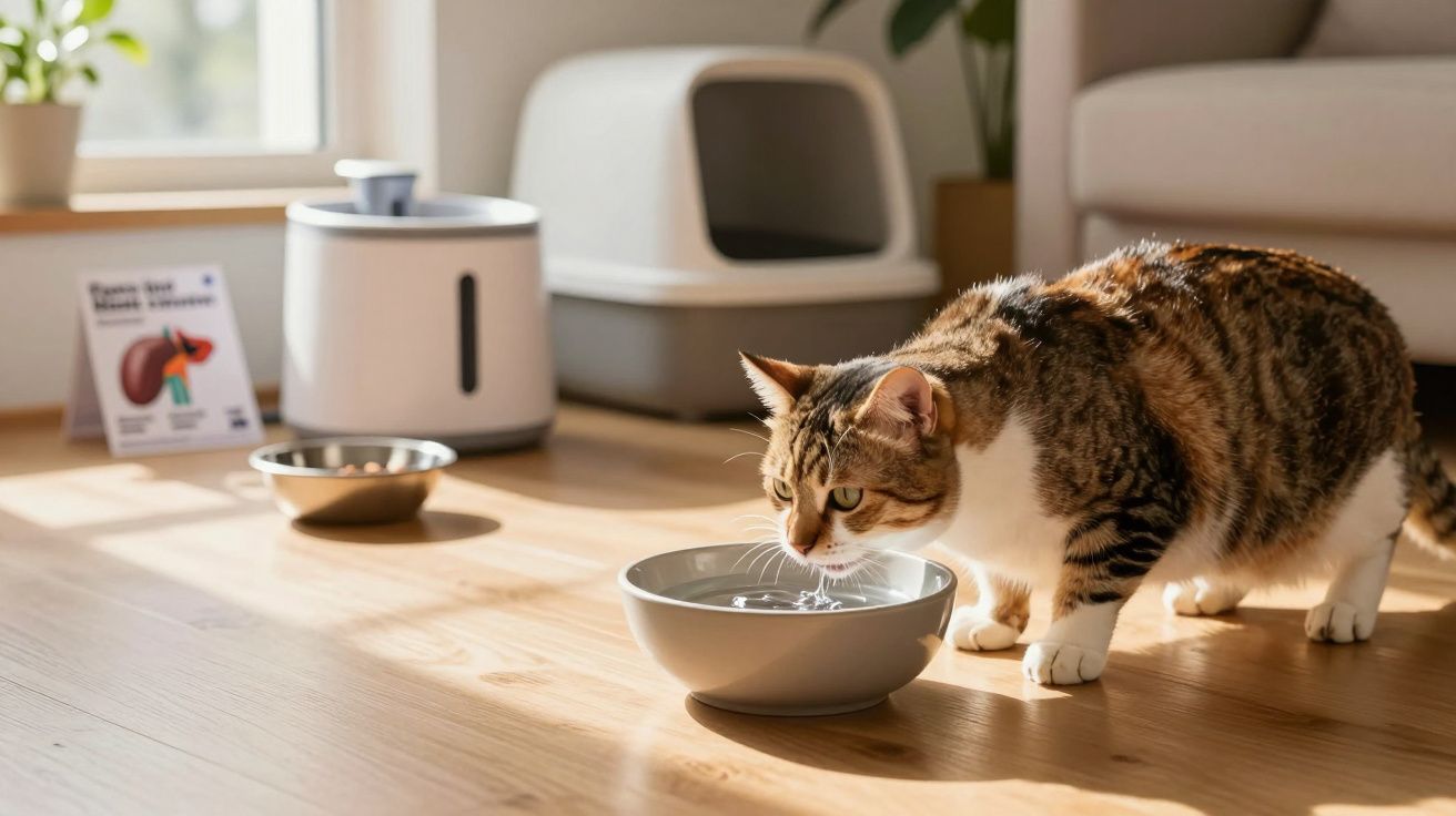 Gato bebendo água de uma tigela em um ambiente iluminado com outros utensílios para pet ao fundo.