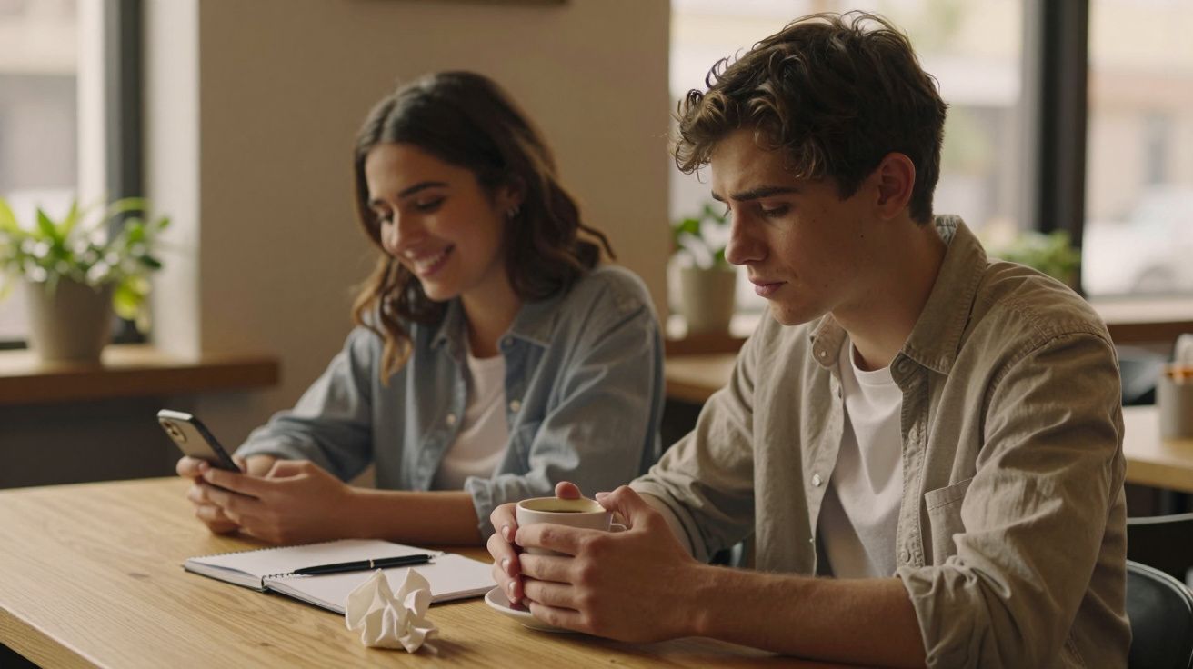 Jovem casal sentado em mesa de café, ela sorrindo no celular e ele pensativo segurando uma xícara.