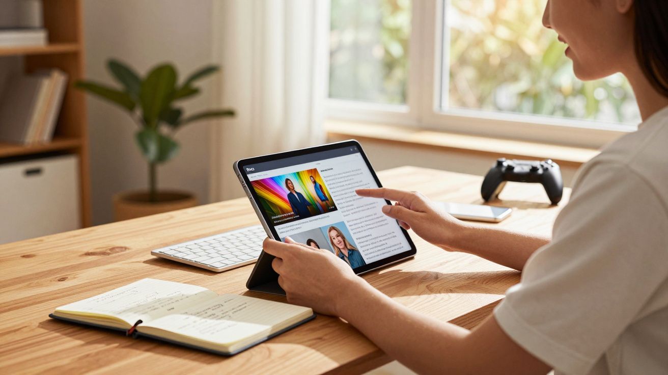 Pessoa sentada à mesa usando tablet, com caderno aberto, teclado e controle de videogame ao fundo.