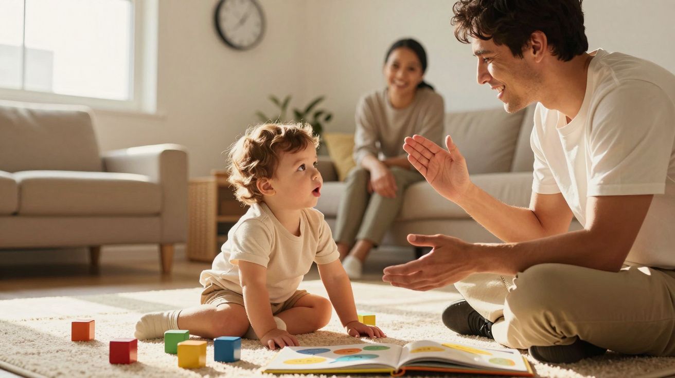 Criança sentada no tapete brincando com blocos de montar e livro, enquanto adulto interage e mulher observa sorrindo.