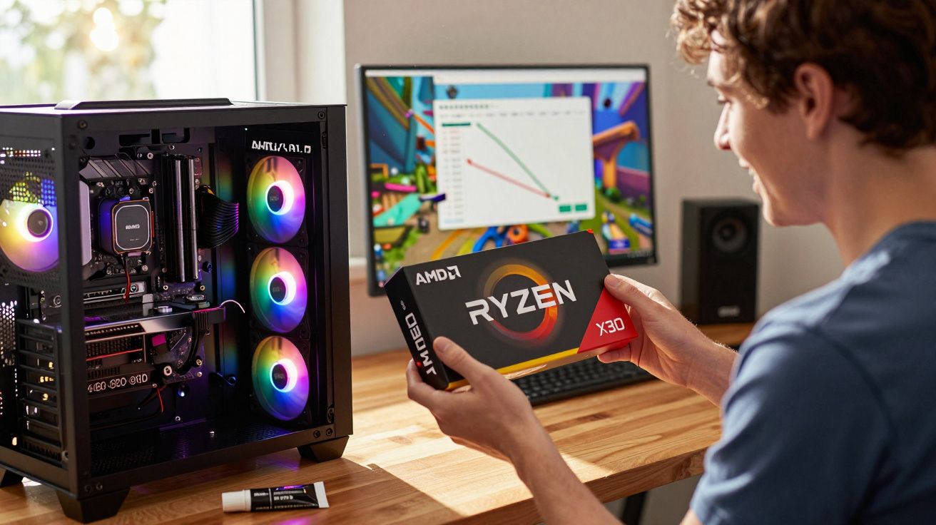 Homem segurando caixa de processador AMD Ryzen X30 próximo a computador com RGB ligado em mesa de madeira.