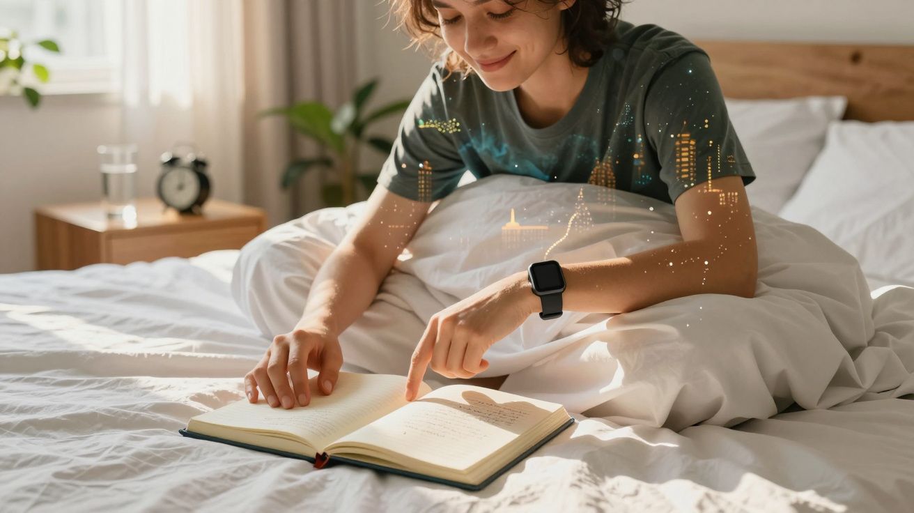 Pessoa sorridente deitada na cama lendo um livro aberto em um ambiente iluminado e aconchegante.