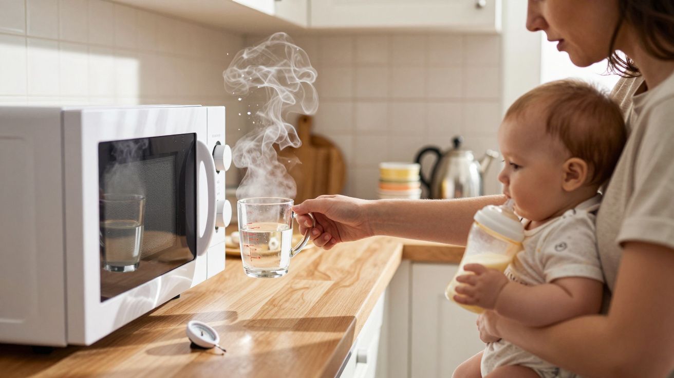 Mulher segura bebê enquanto pega xícara com água quente saindo vapor na cozinha.