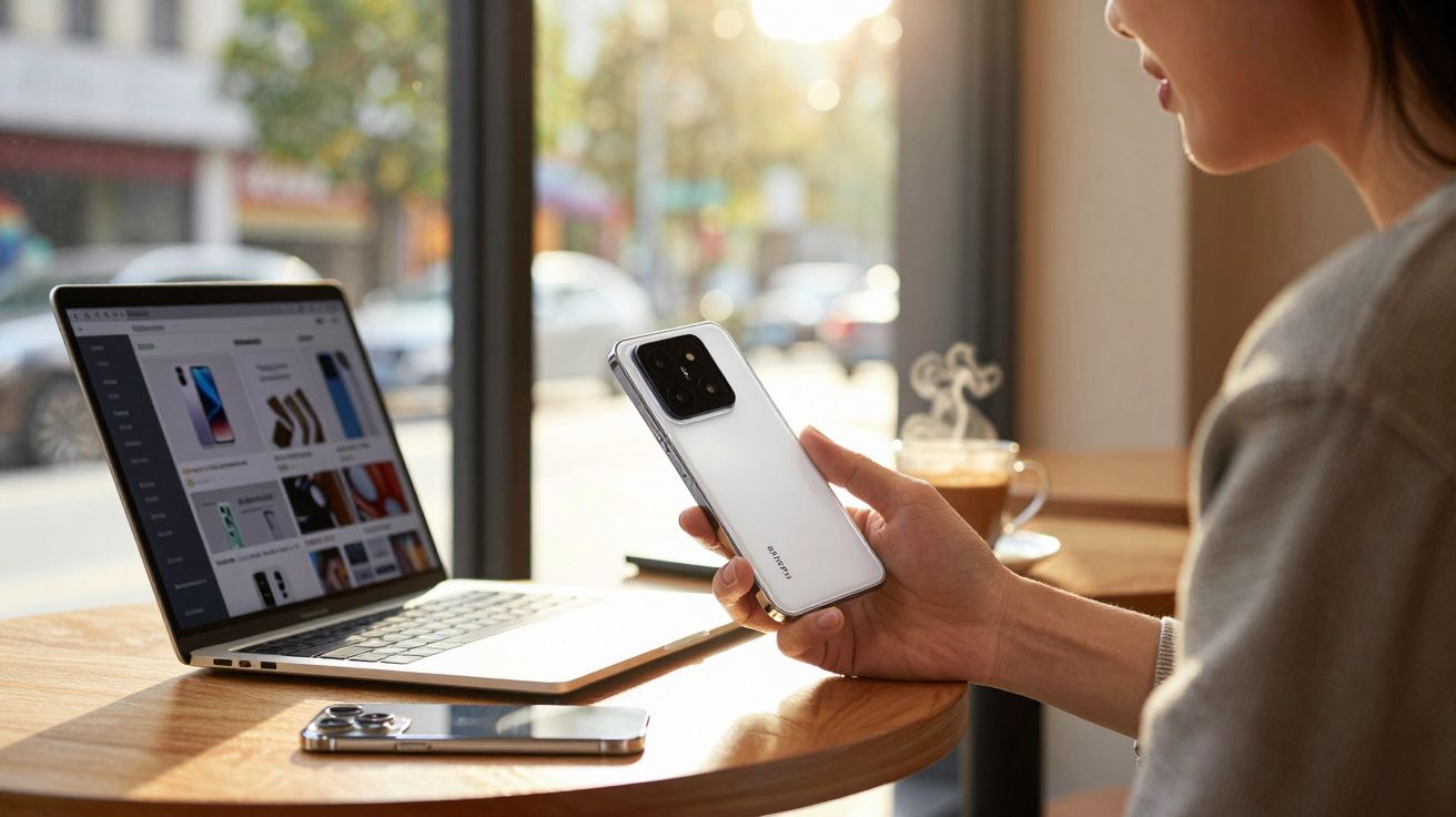 Pessoa segurando smartphone branco enquanto usa notebook em mesa de café com janela ao fundo.